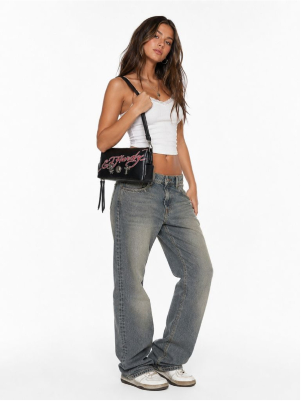 Ed Hardy Y2K Shoulder Bag Black Pink Logo Skull Cross Charm Purse NWT